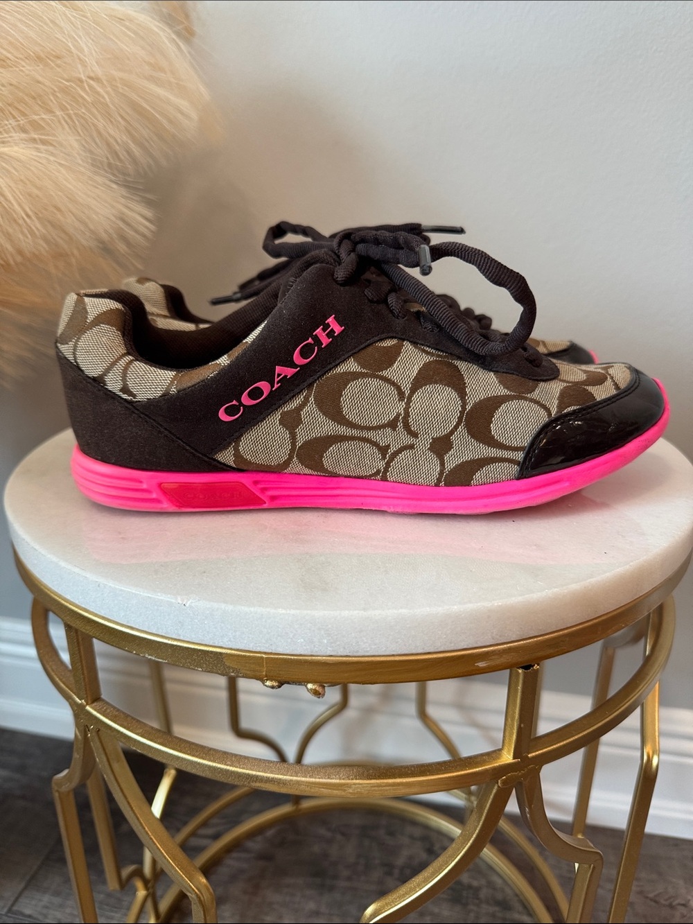 Coach Brown Signature Canvas Sneakers with Hot Pink Sole - Picture 5 of 10